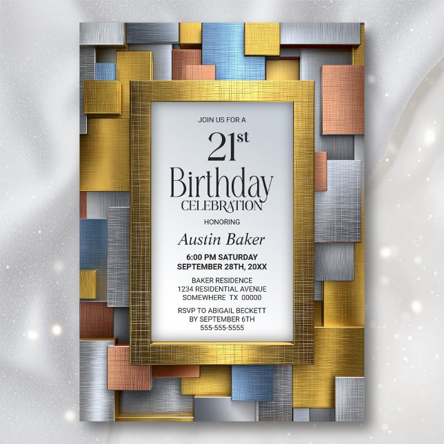 Invitación Fiesta de cumpleaños número 21 moderna de oro y pl (Subido por el creador)