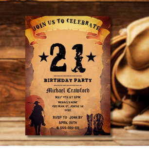 Invitación fiesta de cumpleaños número 21 vaquero papel viejo