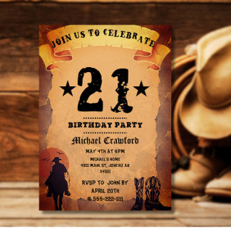 Invitación fiesta de cumpleaños número 21 vaquero papel viejo
