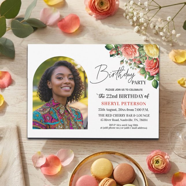 Invitación Fiesta de cumpleaños número 22 con flores elegante (Subido por el creador)