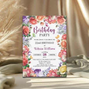 Invitación Fiesta de cumpleaños número 22 con flores elegante