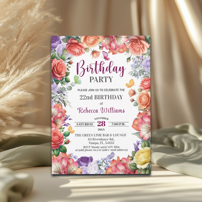 Invitación Fiesta de cumpleaños número 22 con flores elegante (Subido por el creador)