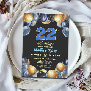 Invitación Fiesta de cumpleaños número 22 elegante azul plata