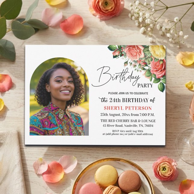 Invitación Fiesta de cumpleaños número 24 con flores elegante (Subido por el creador)