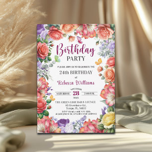 Invitación Fiesta de cumpleaños número 24 con flores elegante