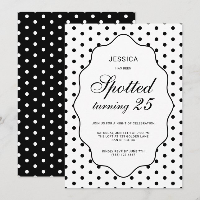Invitación Fiesta de cumpleaños número 25 con lunares chic (Anverso / Reverso)
