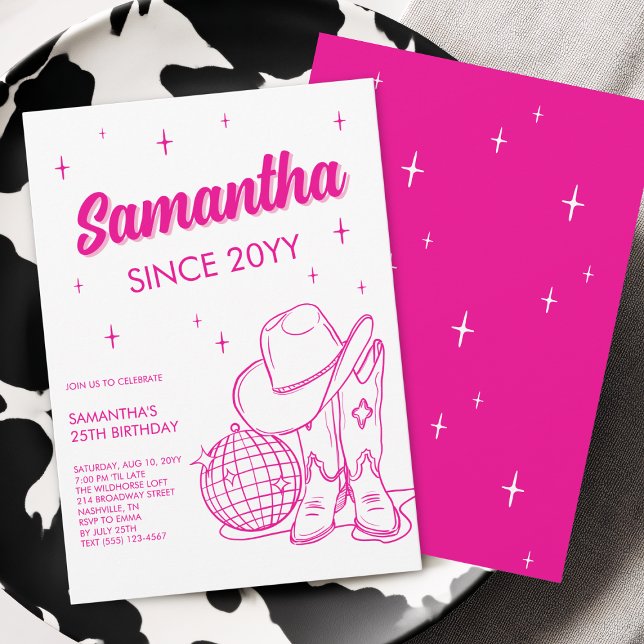 Invitación Fiesta de Cumpleaños número 25 de Disco Country Oc (Pink Western Country Disco 25th Birthday Party Invitation)