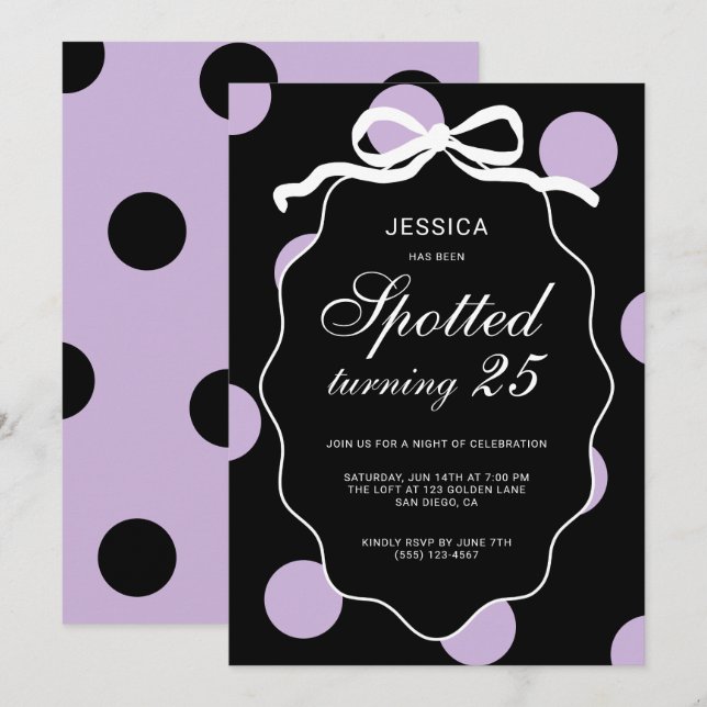 Invitación Fiesta de cumpleaños número 25 de Purple Polka Dot (Anverso / Reverso)