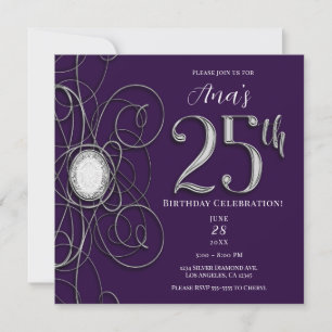 Invitación Fiesta de cumpleaños número 25 de Purple & Silver 