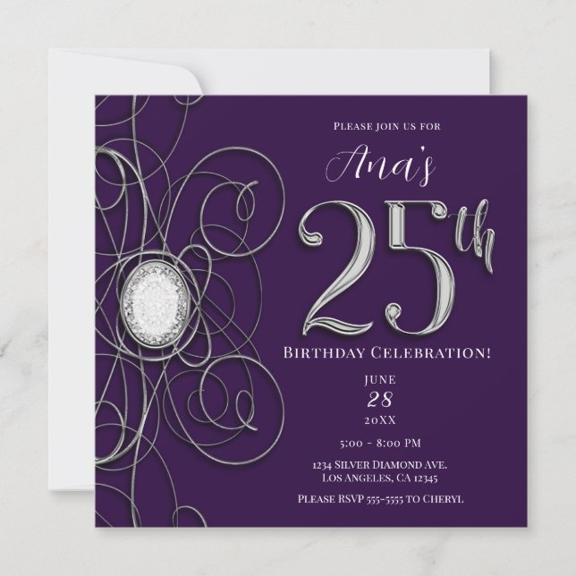 Invitación Fiesta de cumpleaños número 25 de Purple & Silver  (Anverso)