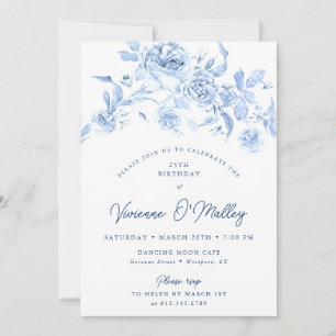 Invitación Fiesta de cumpleaños número 25 Dusty Blue Floral