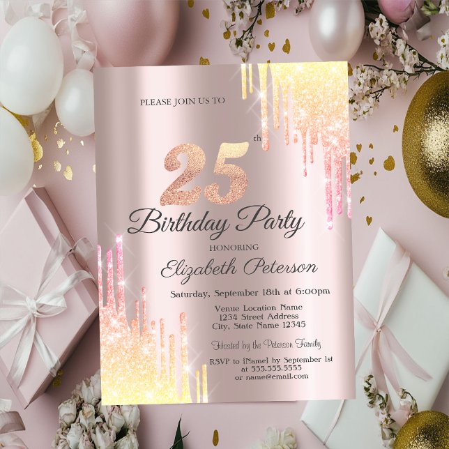 Invitación Fiesta de Cumpleaños número 25 Ombre Glitter Drips (Subido por el creador)