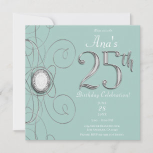 Invitación Fiesta de Cumpleaños número 25 Turquesa Plata Diam
