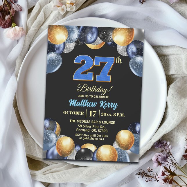 Invitación Fiesta de cumpleaños número 27 elegante azul plata (Subido por el creador)