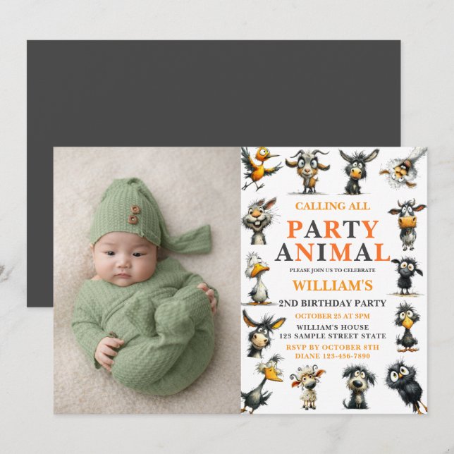 Invitación Fiesta de cumpleaños número 2 con animales diverti (Anverso / Reverso)