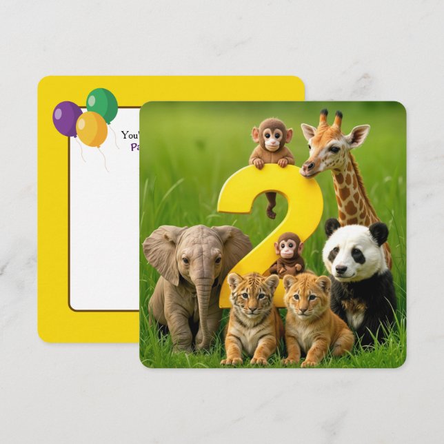 Invitación Fiesta de cumpleaños número 2 con bebés animales d (Anverso / Reverso)