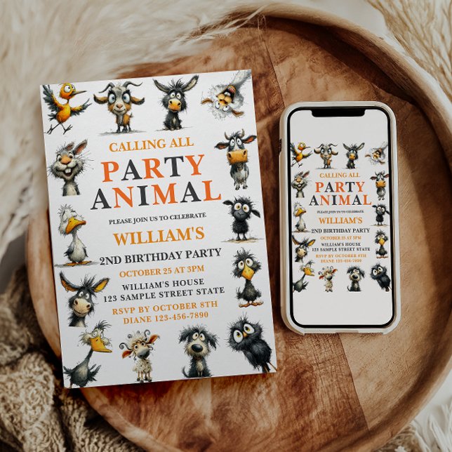 Invitación Fiesta de cumpleaños número 2 de animales divertid (Whimsical Funny Animals 2nd Birthday Party Invitation)