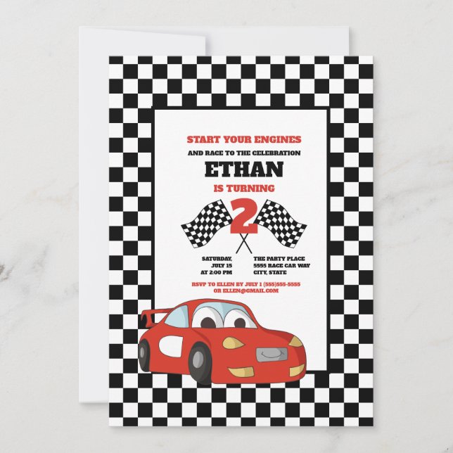 Invitación Fiesta de cumpleaños número 2 de coche de carreras (Anverso)