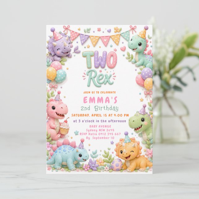Invitación Fiesta de cumpleaños número 2 de Dinosaurio Dos Re (Anverso de pie)