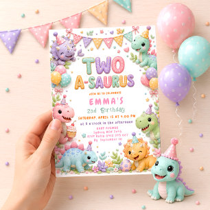 Invitación Fiesta de cumpleaños número 2 de Girl Dinosaur Two