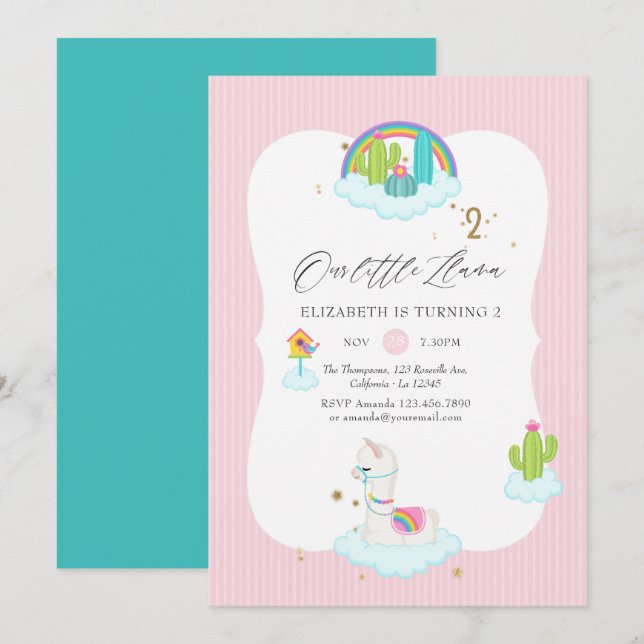 Invitación Fiesta de cumpleaños número 2 de Llama de moda (Anverso / Reverso)
