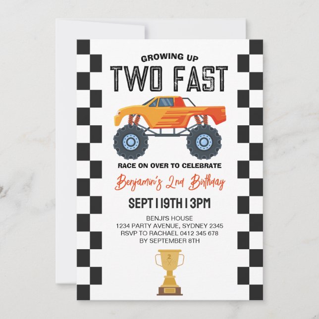 Invitación Fiesta de cumpleaños número 2 de Monster Truck (Anverso)