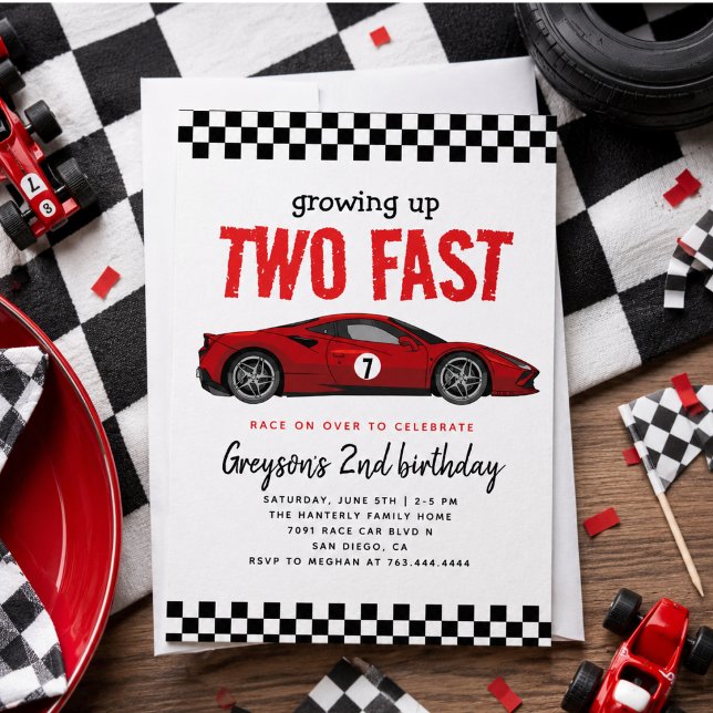 Invitación Fiesta de cumpleaños número 2 de Niño de Dos Autos (Two Fast Race Car Boy 2nd Birthday Party Invitation)