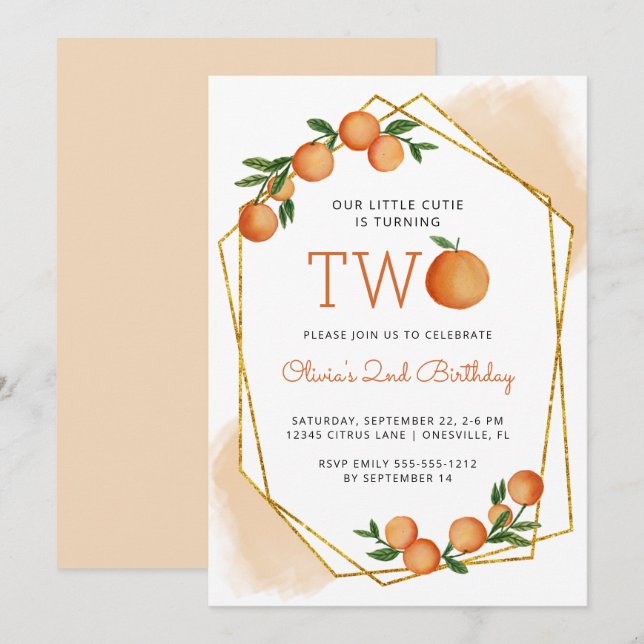 Invitación Fiesta de cumpleaños número 2 de Orange Little Cut (Anverso / Reverso)
