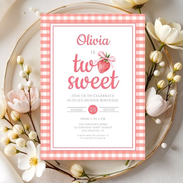 Invitación Fiesta de Cumpleaños número 2 de Strawberry Two Sw (Strawberry Two Sweet 2nd Birthday Party Invitation)