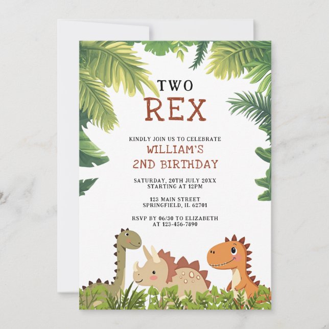 Invitación Fiesta de cumpleaños número 2 del dinosaurio jurás (Anverso)
