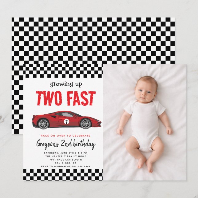 Invitación Fiesta de cumpleaños número 2 del niño de dos carr (Anverso / Reverso)