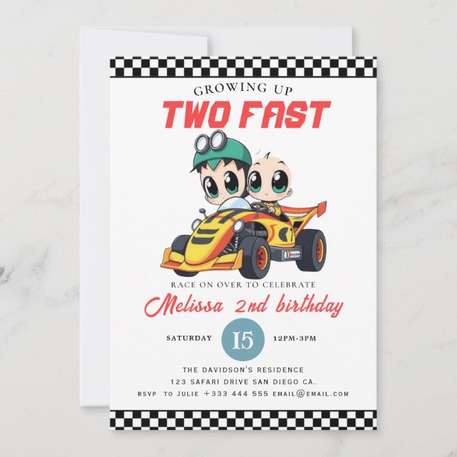Invitación Fiesta de cumpleaños número 2 del niño de dos carr (Anverso)