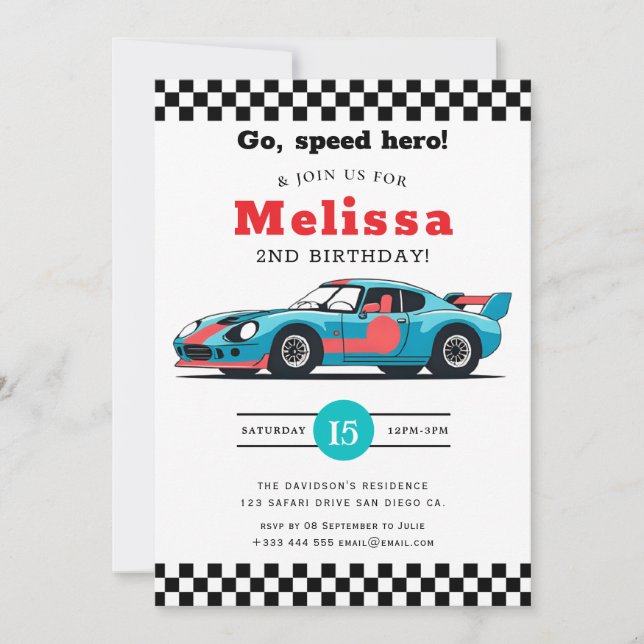 Invitación Fiesta de cumpleaños número 2 del niño de dos carr (Anverso)