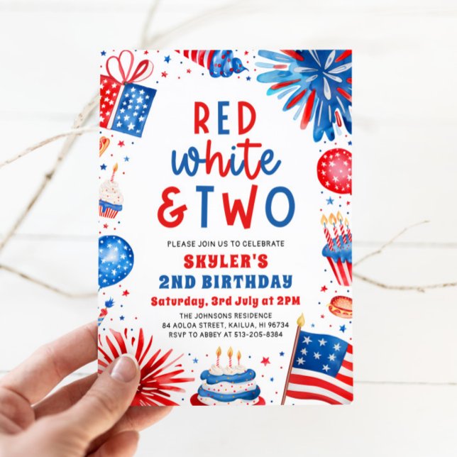 Invitación Fiesta de cumpleaños número 2 el 4 de julio Rojo,  (Watercolor Partiotic Fireworks Red, White & Two 4th July 2nd Photo Birthday Party Invitation)