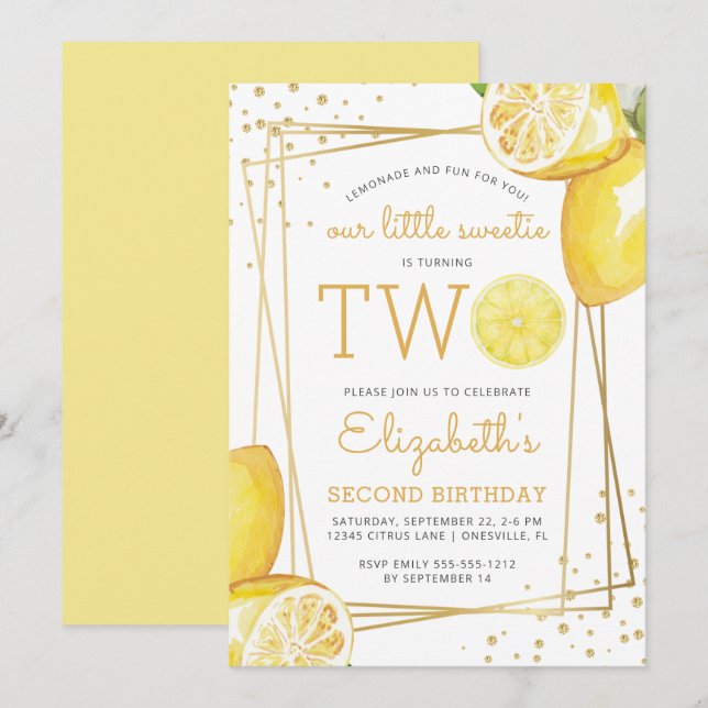 Invitación Fiesta de cumpleaños número 2 Limonada Acuarela de (Anverso / Reverso)
