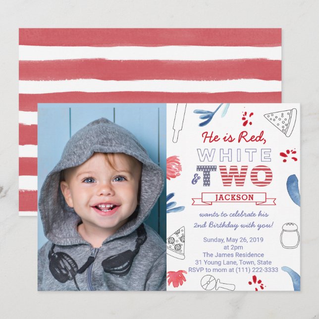 Invitación Fiesta de cumpleaños número 2 Red White TWO con pi (Anverso / Reverso)