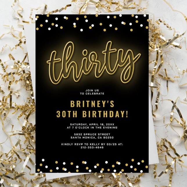 Invitación Fiesta de cumpleaños número 30 Adulto Gold Neon (Subido por el creador)