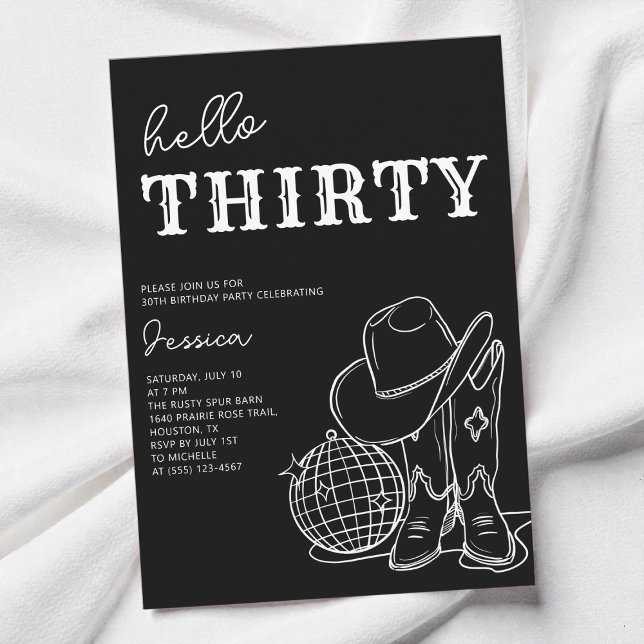 Invitación Fiesta de cumpleaños número 30 al estilo occidenta (Thirty Black and White Western 30th Birthday Party Invitation)