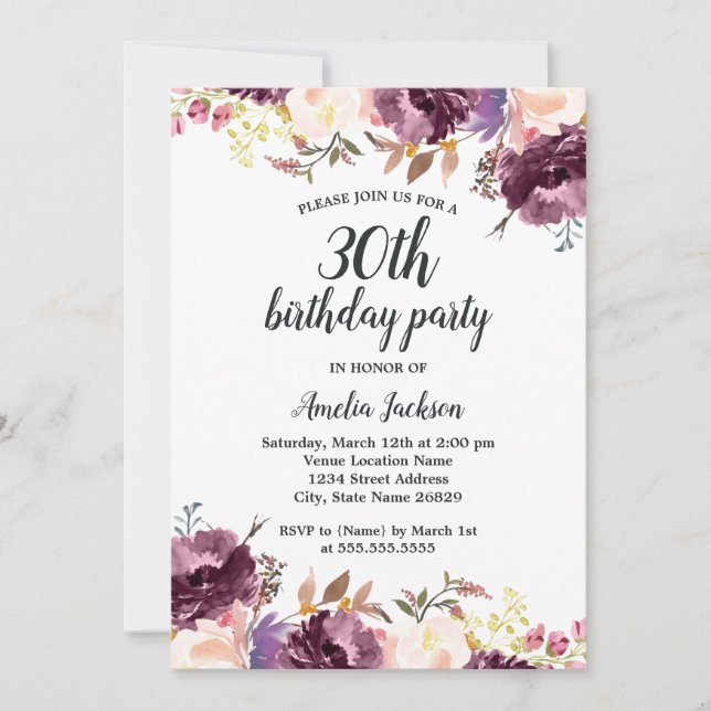 Invitación Fiesta de cumpleaños número 30 Bloom Watercolor Fl (Anverso)