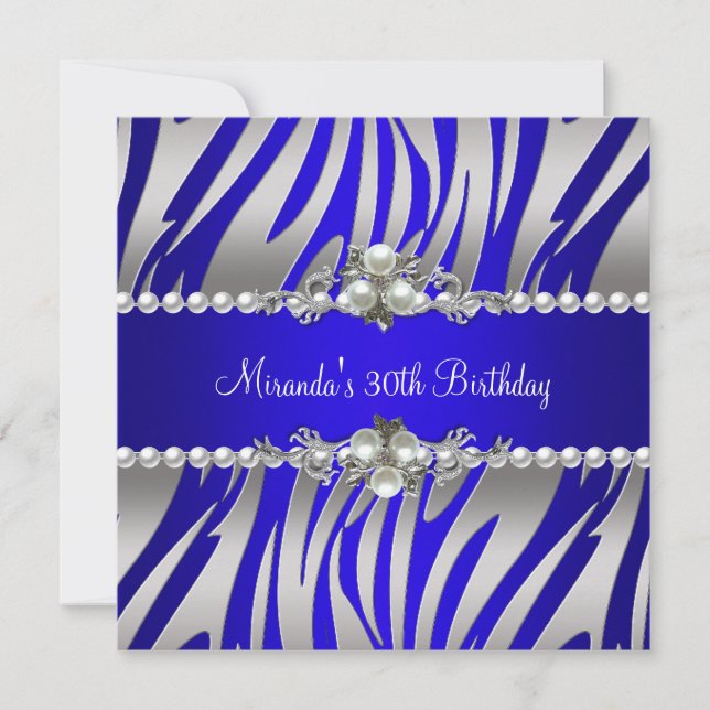 Invitación Fiesta de cumpleaños número 30 Cebra Azul Perla Pl (Anverso)