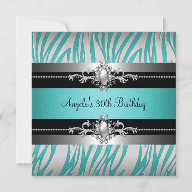 Invitación Fiesta de Cumpleaños número 30 Cebra Azul Turquesa (Anverso)