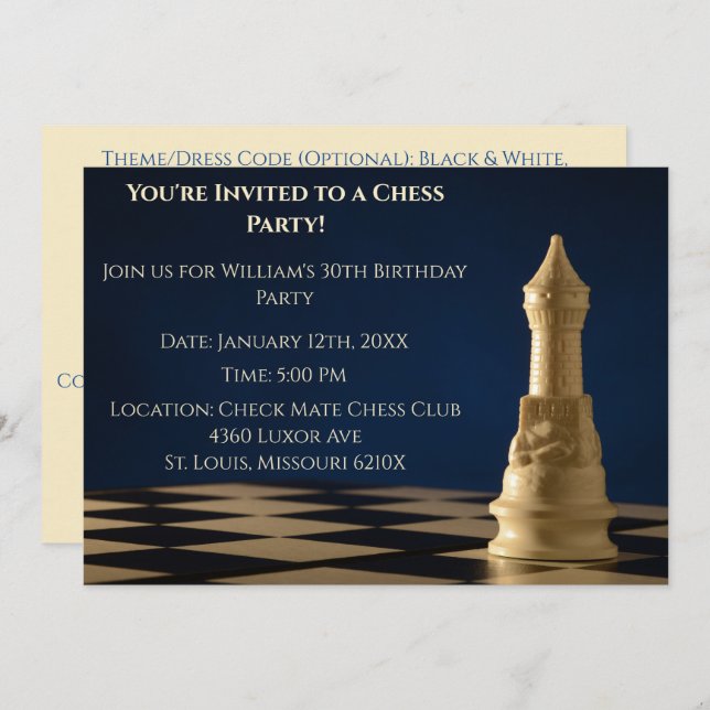 Invitación Fiesta de cumpleaños número 30 Chess Rook (Anverso / Reverso)