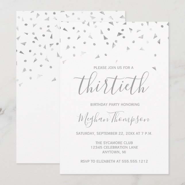 Invitación Fiesta de cumpleaños número 30 con confeti de plat (Anverso / Reverso)