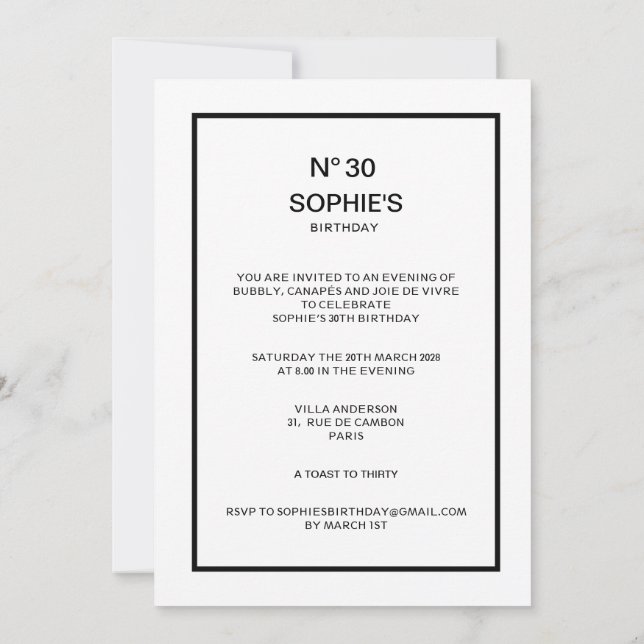 Invitación Fiesta de cumpleaños número 30 con estilo francés  (Reverso)