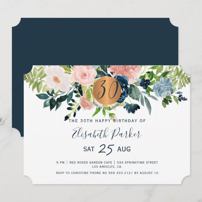 Invitación fiesta de cumpleaños número 30 con flores acuarela (Anverso / Reverso)