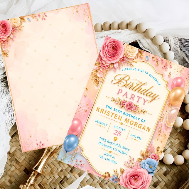 Invitación Fiesta de cumpleaños número 30 con flores elegante (Subido por el creador)