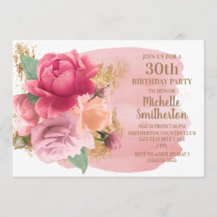 Invitación Fiesta de cumpleaños número 30 con flores rosadas 