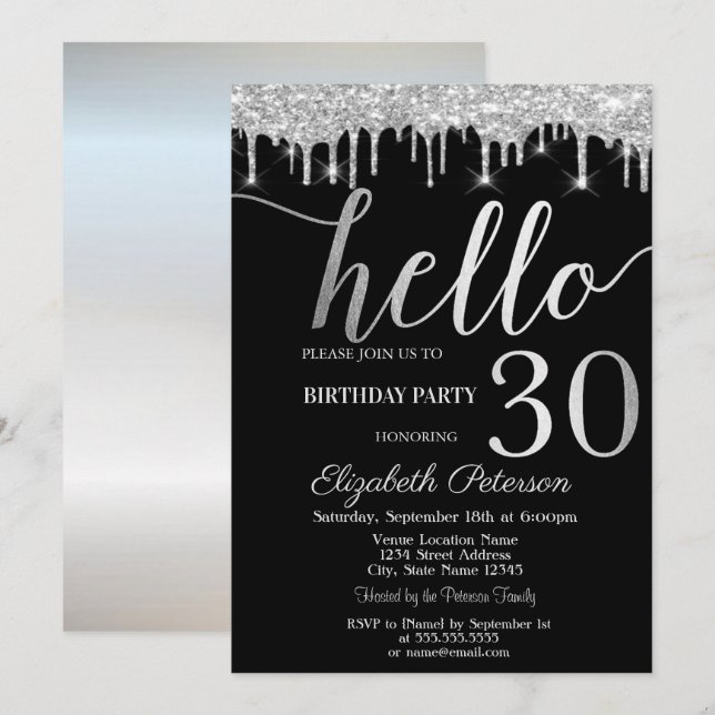 Invitación Fiesta de cumpleaños número 30 con gotas de purpur (Anverso / Reverso)