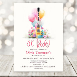 Invitación Fiesta de cumpleaños número 30 con guitarra y glob