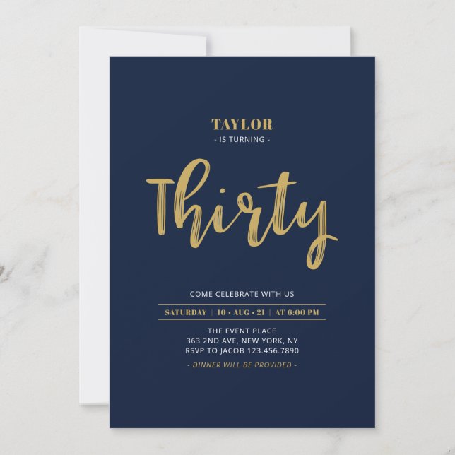 Invitación Fiesta de cumpleaños número 30 con letras en azul  (Anverso)